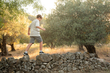 Preteen blond boy having fun in the countryside hiking with determination walking on a stone wall...
