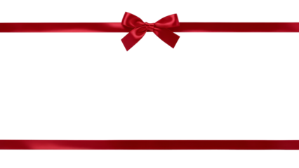 A large red ribbon bow a long straight piece of ribbon to be used as a birthday or Christmas banner, border isolated against a transparent background