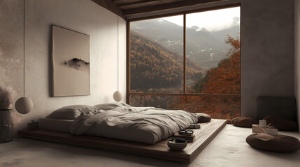 Minimalist master bedroom with white walls, a low platform bed, and large floor-to-ceiling windows flooding the room with natural light