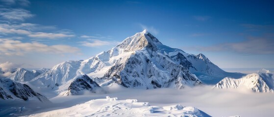 Fototapeta premium Towering snow-capped peaks rise above the clouds, creating a dramatic and awe-inspiring view of nature's majestic beauty in its untouched form.