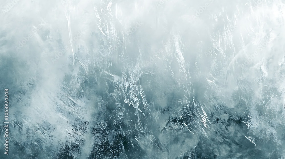 Poster a close-up view of turbulent ocean waves with a misty, dynamic texture.
