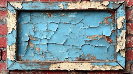 Naklejka premium Weathered Wooden Frame with Peeling Blue and Yellow Paint
