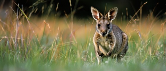 A kangaroo cautiously approaches, framed by tall grass, its watchful gaze embodying alertness and vigor amidst the wild plains.