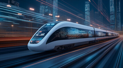 Fototapeta premium fast train in a tunnel with vibrant lights, dynamic movement, speed motion effect, high detail, modern lighting, intense colors