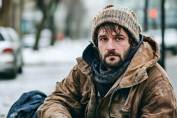 Obraz premium dirty homeless man sitting on the street with copy space