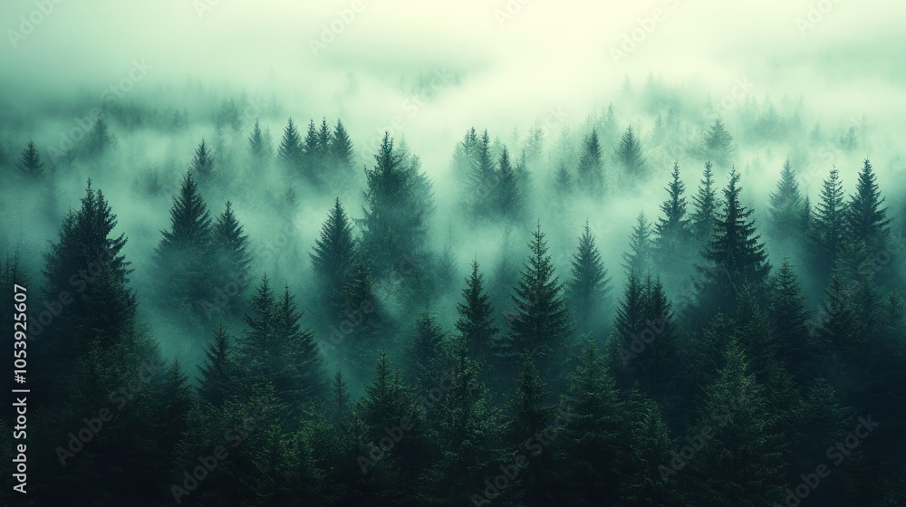 Poster misty forest landscape with dense trees and ethereal atmosphere.