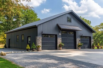 Metal Barn. Spacious Grey Structure with Aluminium Door in Country Setting