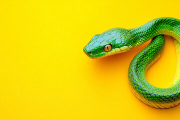 Naklejka premium green snake on yellow background with copy space