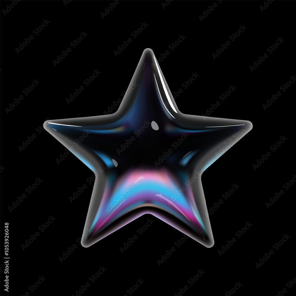 Poster 3d holographic glass star with glossy, reflective surface. balloon bubble shape as a five-pointed st