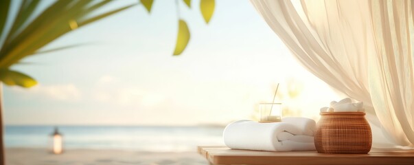 A luxurious outdoor massage setup by the beach, with flowing curtains and the sound of waves in the background, offering a tranquil escape
