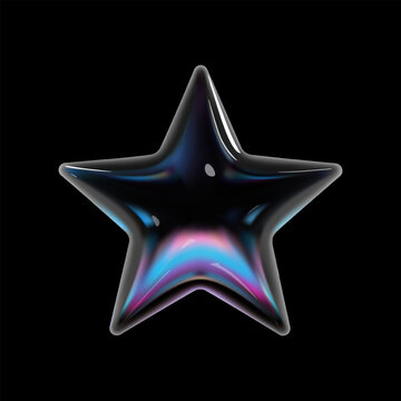 3d holographic glass star with glossy, reflective surface. Balloon bubble shape as a five-pointed star with neon gradient colors and dispersion light. Isolated vector design element in Y2K style