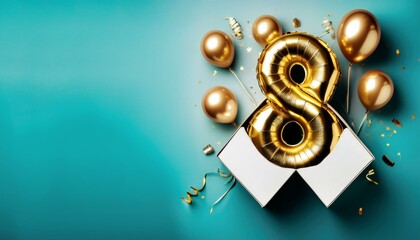 Obraz premium Number 8 birthday balloon celebration gift box lay flat explosion