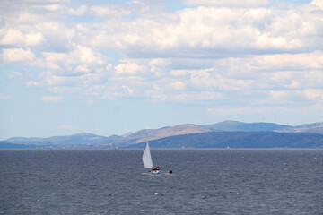 Fototapeta premium Sailing boat and beautiful Adriatic sea landscape in Croatia.