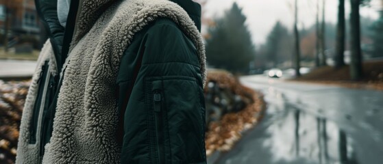 Naklejka premium A person in a cozy, fleece-lined coat walks along a winding, leaf-strewn road, surrounded by the calming tones of autumn.