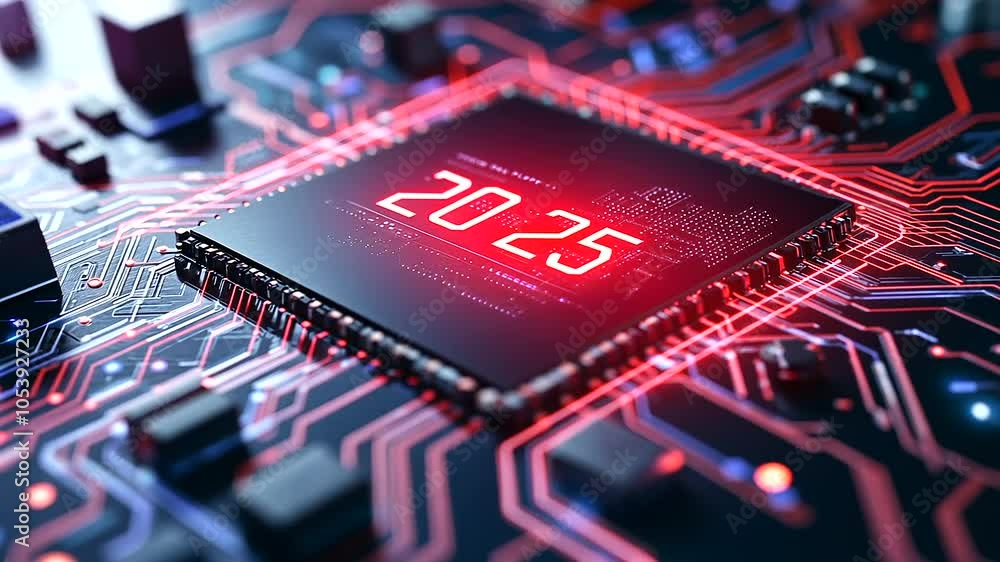 Poster a floating 2025 hologram surrounded by glowing circuits, representing breakthroughs in science, tech