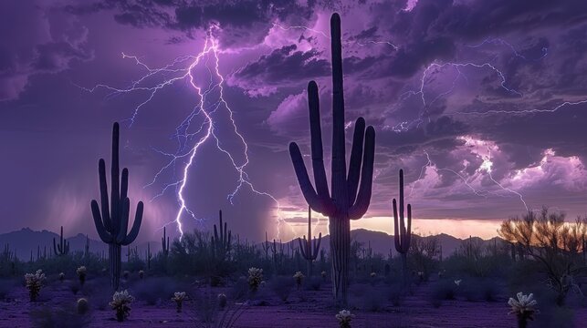 Multiple lightning bolts striking over a desert with saguaro cacti, creating a dramatic scene under a purple stormy sky.

