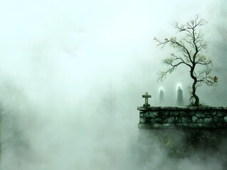 Fototapeta premium Ghostly apparitions emerging from the mist an ethereal otherworldly and eerie scene captured in a digital painting with a Romantic Gothic influence set in an abandoned graveyard with a moody