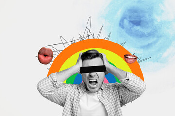 Composite collage picture of black white colors screaming guy talk kiss mouth lips lgbt rainbow...