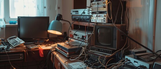 A cozy workspace is filled with vintage tech equipment, showcasing a nostalgic collection of retro gadgets and electronics.