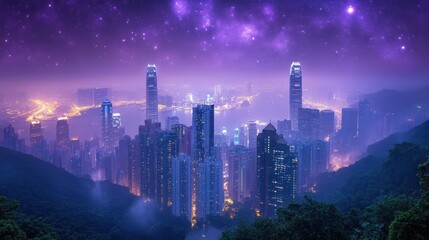 Obraz premium Hong Kong Skyline at Night with Purple Sky and Stars