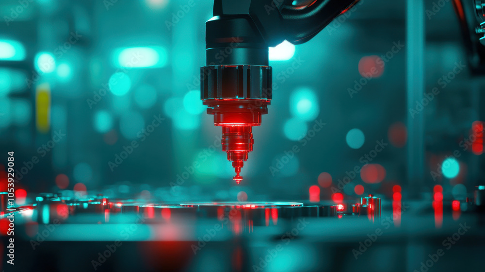 Poster A robotic arm is precisely laser-engraving a metallic surface, illuminated by a captivating blue and red ambiance in a high-tech environment.