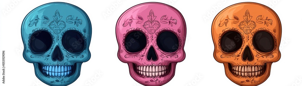 Poster three colorful decorative skulls, each with distinct patterns and vibrant colors against a simple ba