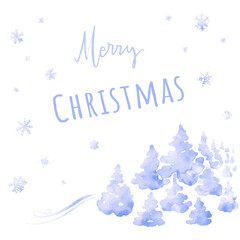 Merry Christmas, Happy New Year - Watercolor card with fir trees and snowflakes. Winter holiday minimalistic illustration. Purple and white colors.