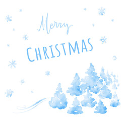 Merry Christmas, Happy New Year - Watercolor card with fir trees and snowflakes. Winter holiday minimalistic illustration. Blue and white colors.