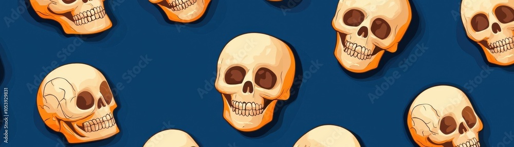 Poster a vibrant pattern featuring cartoonish skulls on a blue background, creating an intriguing and playf
