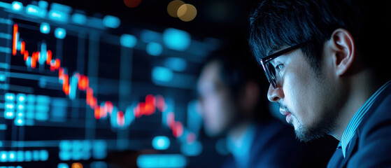 A focused individual analyzes digital stock market data on a screen, showcasing a blend of technology and finance.