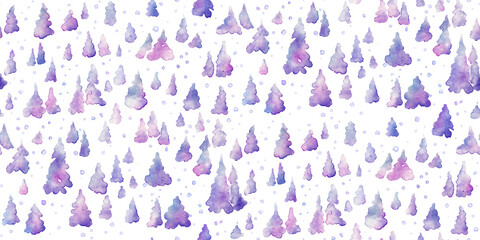 Half drop repeat abstract pattern. Winter watercolor seamless background - fir trees and snow, repeating illustration, paint spots - pink, purple. Christmas, new year. Forest silhouette. Large format