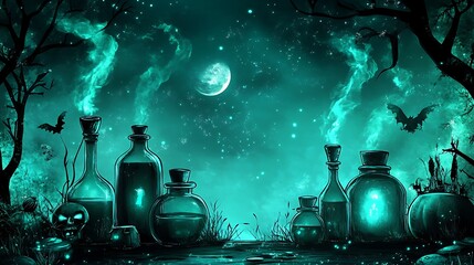 Halloween eerie teal vector backdrop featuring whimsical potion bottles