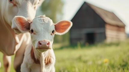 Fototapeta premium A young calf standing next to its mother in a green field, with a rustic wooden barn in the background
