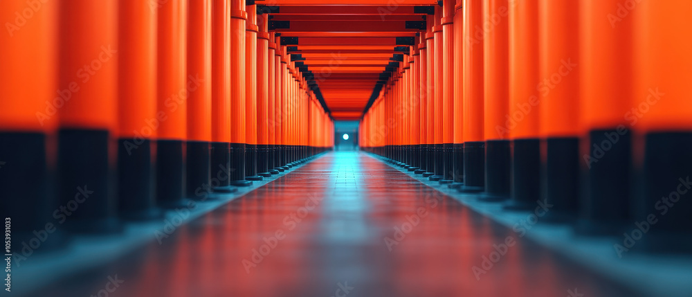 Aufkleber a mesmerizing pathway of vibrant orange columns creating an inviting tunnel effect, leading towards 
