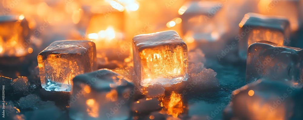 Poster glowing ice cubes illuminated by warm light create a striking visual contrast.