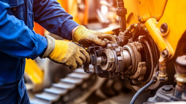 A focused blue-collar worker skillfully repairs the hydraulic system of an excavator, highlighting the complexities and technical challenges involved in heavy machinery maintenance and repair work
