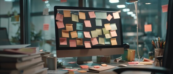 A dimly lit office desk with a computer screen covered in sticky notes, capturing the essence of a busy yet organized workspace full of reminders and tasks.