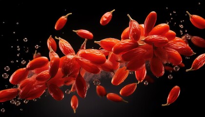 Goji berry clusters suspended in mid-air, appearing tossed with bright orange-red berries.