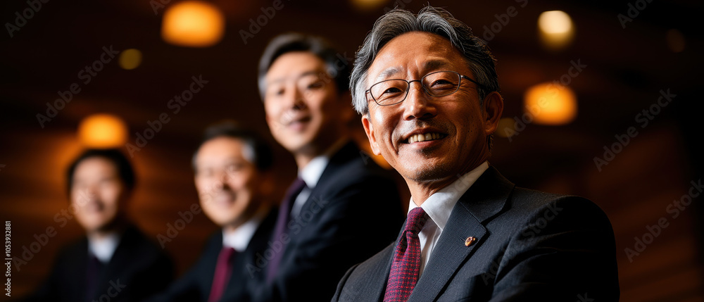Aufkleber a professional group portrait featuring four well-dressed men, with one smiling in the foreground, i