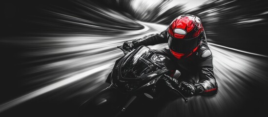 Black and white image with selective color on red helmet, showing motorcyclist racing at high speed...