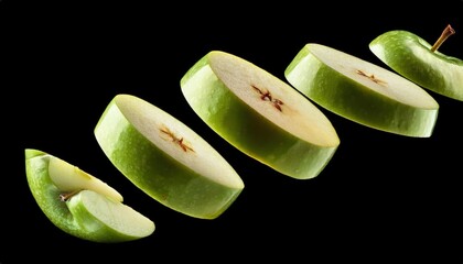 Green apple slices in motion, appearing tossed into the air with crisp, fresh pieces against a black alpha background.