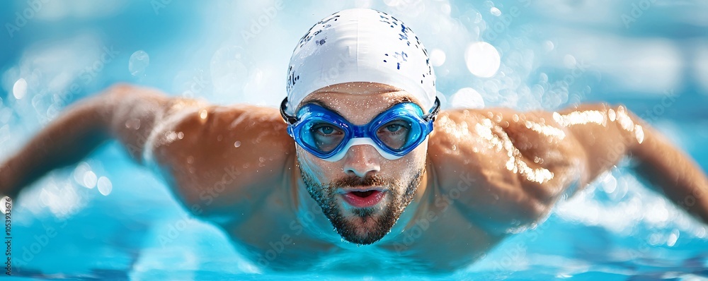 Poster dynamic underwater dive of competitive swimmer - perfect entry and streamlined motion captured in ac