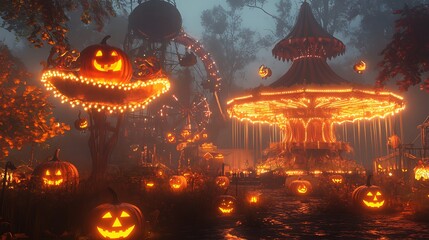 Fototapeta premium Halloween haunted carnival with eerie rides and flickering lights