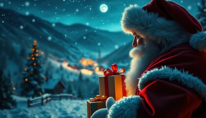 Enchanting christmas night with santa delivering gifts