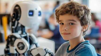 school boy computer at class in classroom, online virtual education digital program app technology during tech lesson