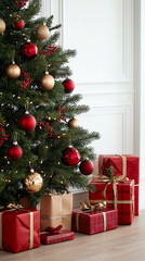 Elegant christmas tree decorated with red and gold ornaments surrounded by festive gifts in a cozy setting