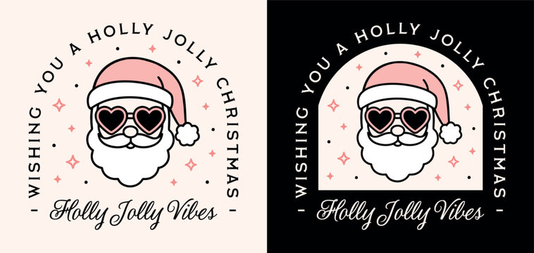 Holly jolly vibes pink Christmas Santa wearing heart sunglasses cute groovy aesthetic wishes greeting card shirt design. Holiday season quotes celestial preppy girly retro vintage printable cut file.