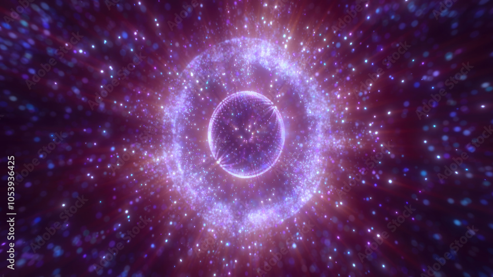 Poster purple and red glowing sphere encircled by sparkling light particles, creating a vibrant cosmic spec