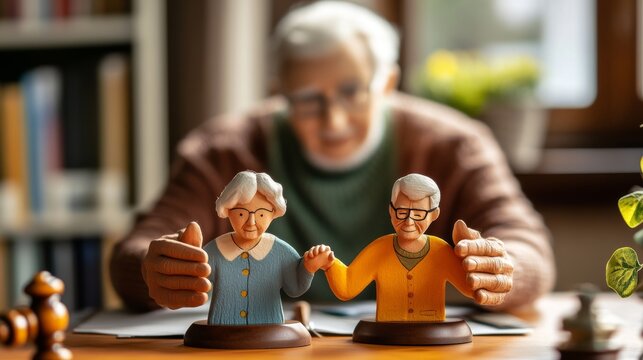 A hand gently protecting cutout figures of a senior couple on a desk, symbolizing care, love, support for elderly relationships and family values, showcasing the importance of safeguarding loved ones