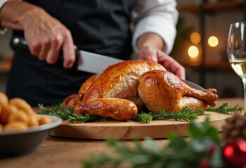 A chef carves a golden-brown turkey on a wooden board during a festive holiday meal celebration